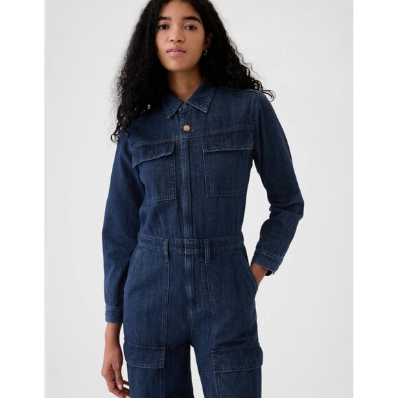 New Gap Jumpsuit Denim Cargo Wide Leg Size 10 Dark Blue Long Sleeve Full Zip NWT - Picture 4 of 16